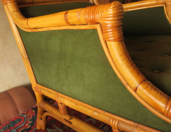 Image 1 of Mid Century Wing Armchair In Bamboo And Olive Green, 1960S