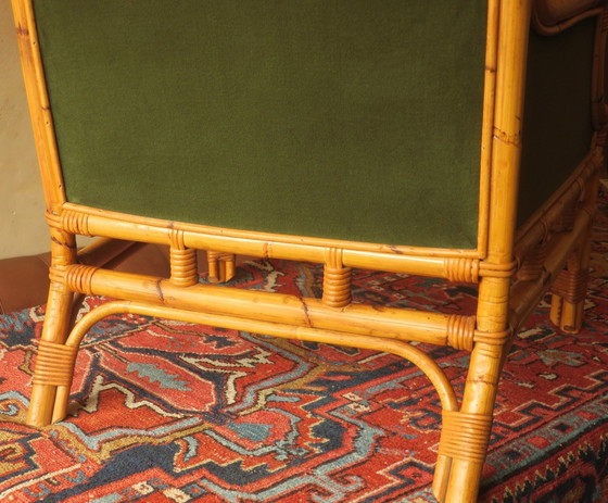 Image 1 of Mid Century Wing Armchair In Bamboo And Olive Green, 1960S