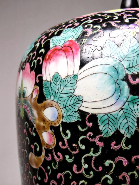 Image 1 of Large Antique Pot, Ginger Pot, Black Enameled Chinese Porcelain