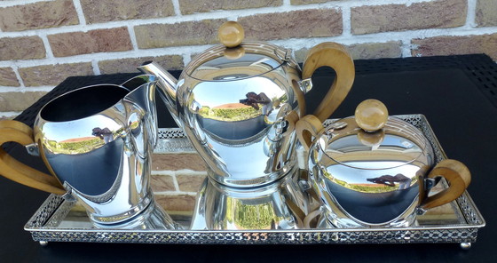 Image 1 of Carlo Alessi Coffee Set, Silver Plated With Applewood Handles And Knobs, Model Bombé, Design 1945.