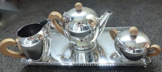 Image 1 of Carlo Alessi Coffee Set, Silver Plated With Applewood Handles And Knobs, Model Bombé, Design 1945.