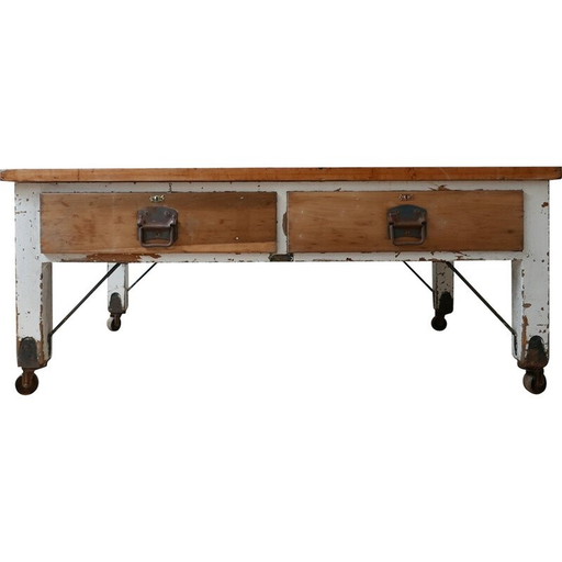Vintage double sided bakers kitchen prep table, England 1930s