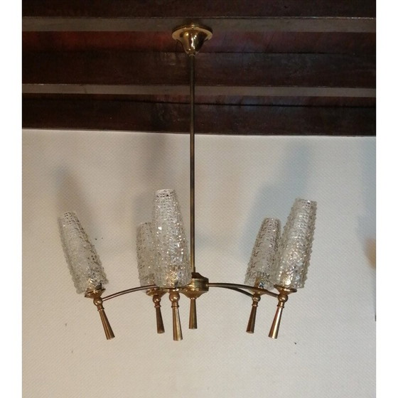 Image 1 of Lampadario vintage in ottone e vetro, 1950