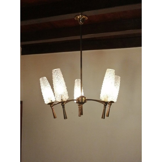 Image 1 of Lampadario vintage in ottone e vetro, 1950