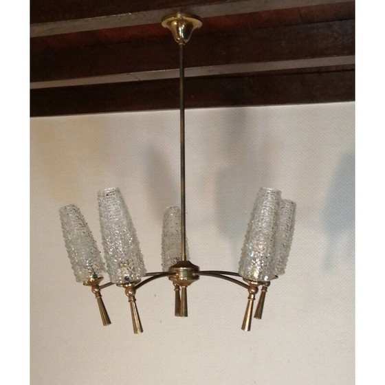 Image 1 of Lampadario vintage in ottone e vetro, 1950