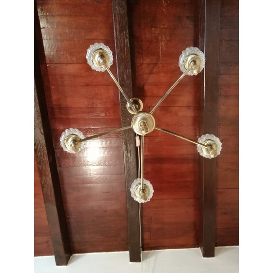 Image 1 of Lampadario vintage in ottone e vetro, 1950