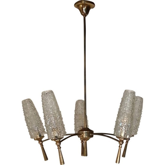 Image 1 of Lampadario vintage in ottone e vetro, 1950