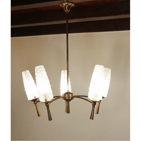 Image 1 of Lampadario vintage in ottone e vetro, 1950