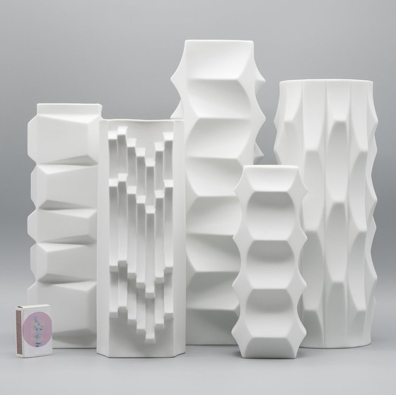 Image 1 of Hutschenreuther Bisque Porcelain Archais 5× Vase Set Heinrich Fuchs Op Art Retro