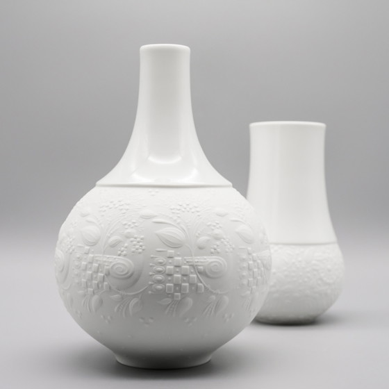 Image 1 of Rosenthal Vase Duo Björn Wiinblad Porcelaine Bisque Matte & Glossy Relief MCM WGP