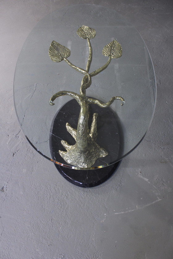 Image 1 of Vintage coffee table glass table bonsai brass marble