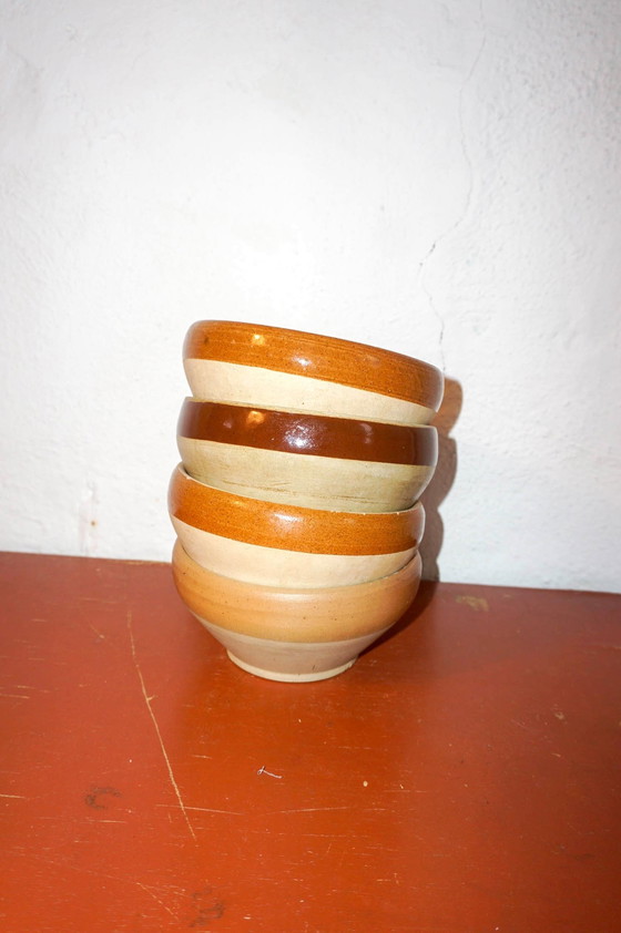 Image 1 of Big Beautiful Brown Striped Gres Bowls * Set Of 4 Or 8* Made In France * French * Cereal Soup Salad Bowls * Farmhouse 