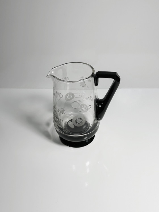 Image 1 of Vintage Art Deco Carafe From France Around 1930 Black Glass Bauhaus Jug 30Er 30S French