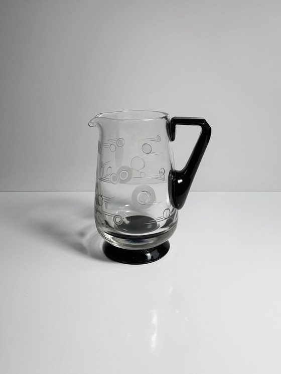 Image 1 of Vintage Art Deco Carafe From France Around 1930 Black Glass Bauhaus Jug 30Er 30S French