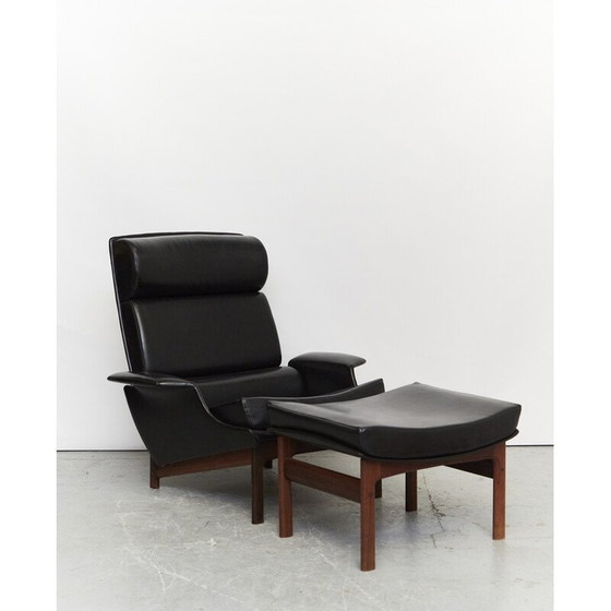 Image 1 of Vintage Adam armchair with ottoman in black leatherette by Kofod Larsen for Mogens Kold