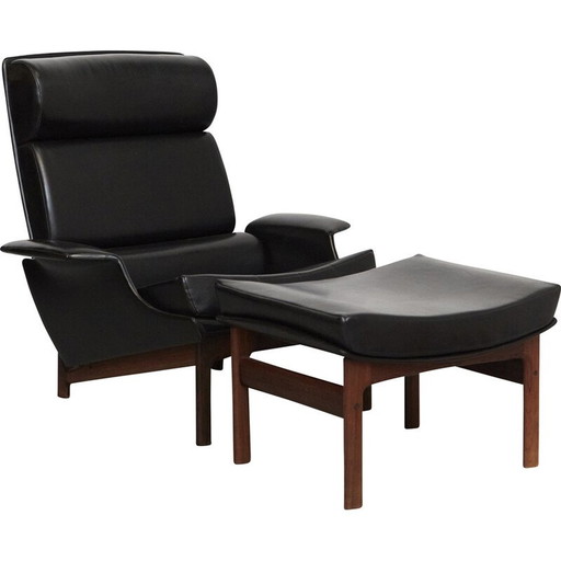 Vintage Adam armchair with ottoman in black leatherette by Kofod Larsen for Mogens Kold