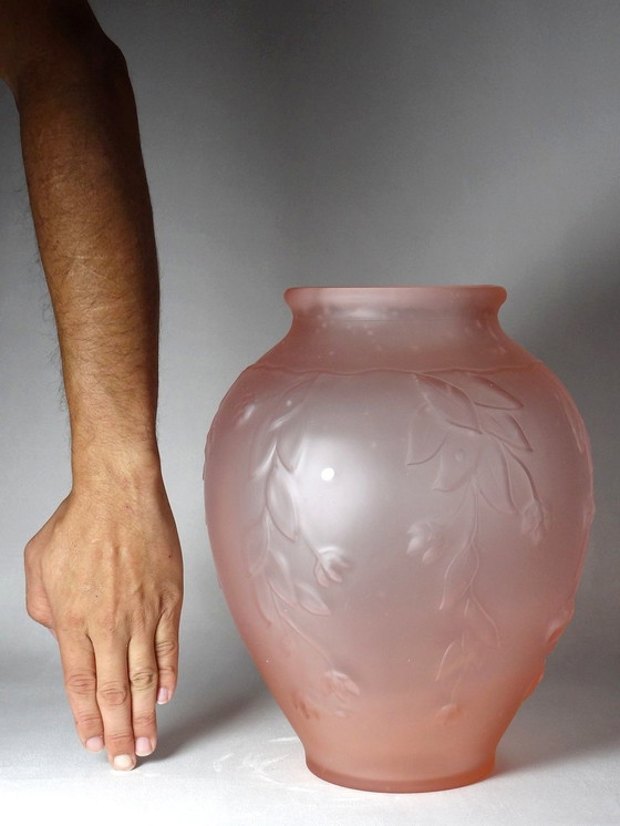 Image 1 of Large art deco style vase in molded/pressed pink glass paste