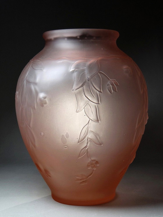 Image 1 of Large art deco style vase in molded/pressed pink glass paste