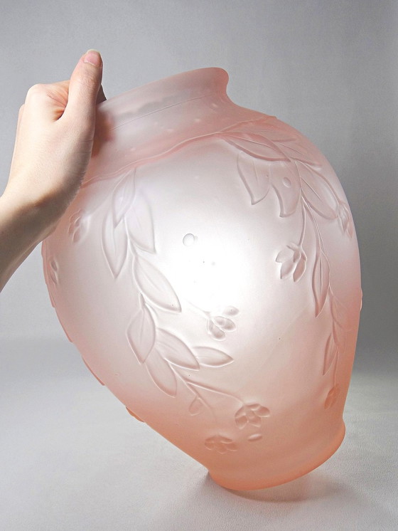 Image 1 of Large art deco style vase in molded/pressed pink glass paste