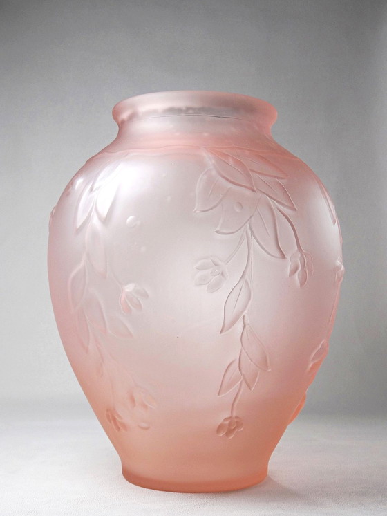 Image 1 of Large art deco style vase in molded/pressed pink glass paste