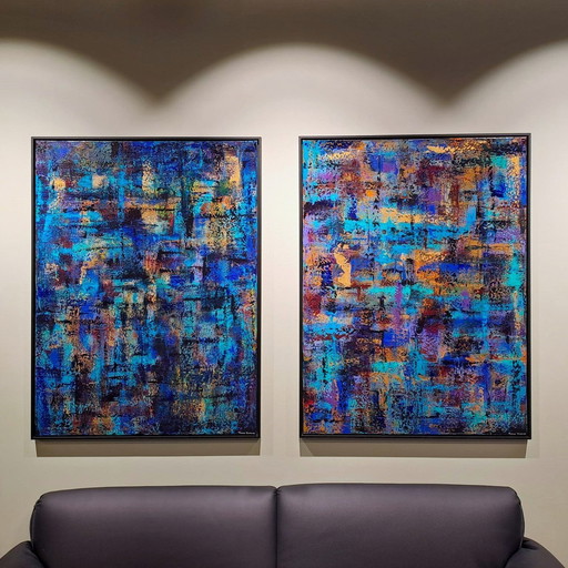 Frances Eckhardt - 90x120 Abstract Paintings Diptych Blue