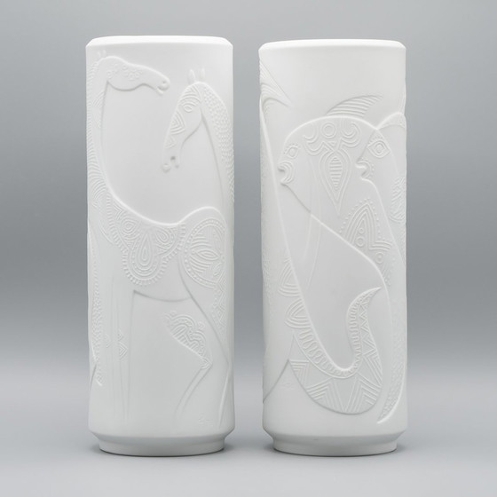 Image 1 of Rare Cuno Fischer Vase Duo H 34Cm Hutschenreuther Bisque Porcelain Animal Relief