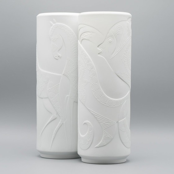 Image 1 of Rare Cuno Fischer Vase Duo H 34Cm Hutschenreuther Bisque Porcelain Animal Relief