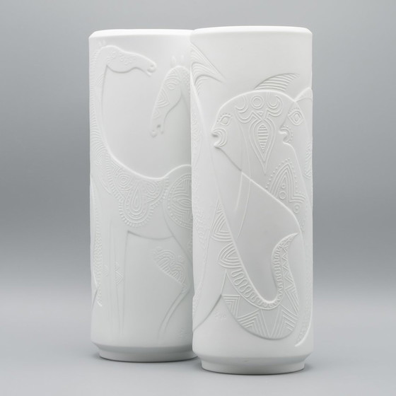 Image 1 of Rare Cuno Fischer Vase Duo H 34Cm Hutschenreuther Bisque Porcelain Animal Relief