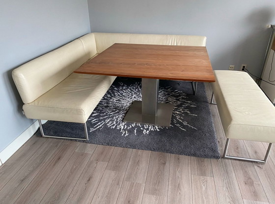 Image 1 of Topform dining area (Leather sofas - Corner sofa plus separate sofa - and oak Table On Stainless Steel Stand)