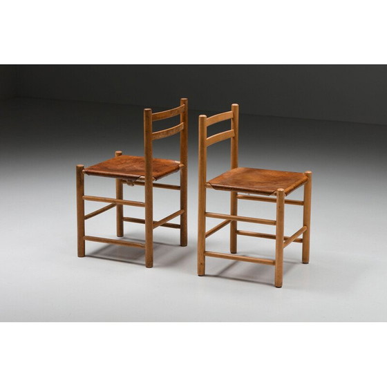 Image 1 of Sedia francese vintage in legno e pelle, Francia 1950