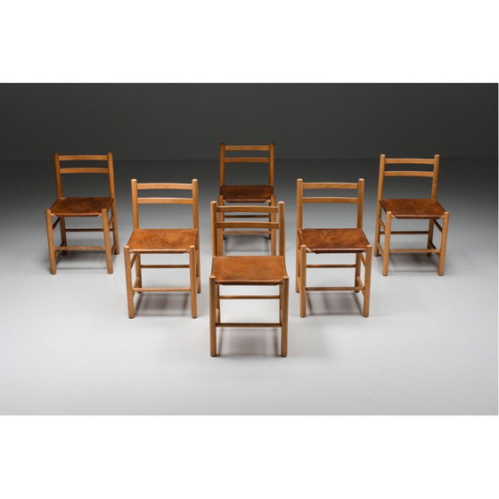 Image 1 of Sedia francese vintage in legno e pelle, Francia 1950