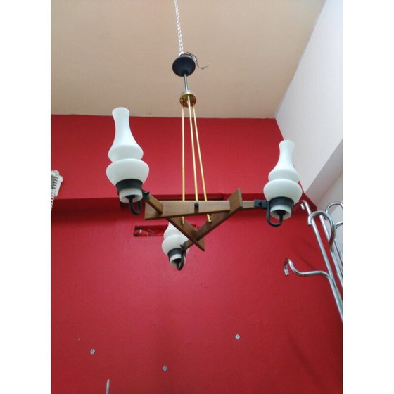 Image 1 of Lampadario vintage in teak e ottone con brocche in vetro opalino per Stilnovo