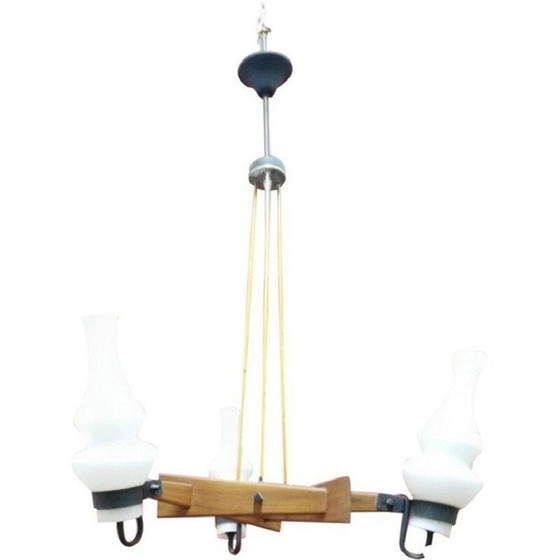 Image 1 of Lampadario vintage in teak e ottone con brocche in vetro opalino per Stilnovo