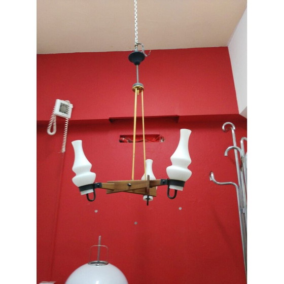 Image 1 of Lampadario vintage in teak e ottone con brocche in vetro opalino per Stilnovo