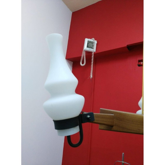 Image 1 of Lampadario vintage in teak e ottone con brocche in vetro opalino per Stilnovo