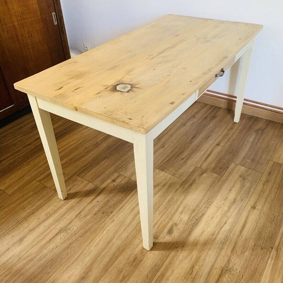 Image 1 of Vintage raw wood farm table with drawer