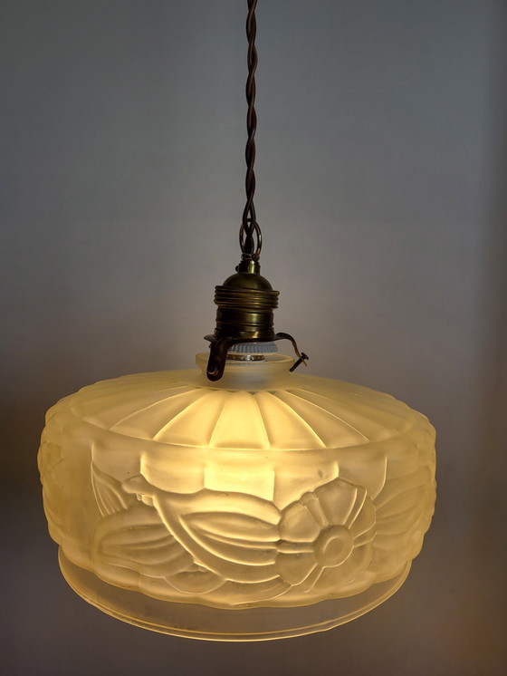 Image 1 of Art nouveau ceiling lamp in forsted pressed glass with floral decor, France