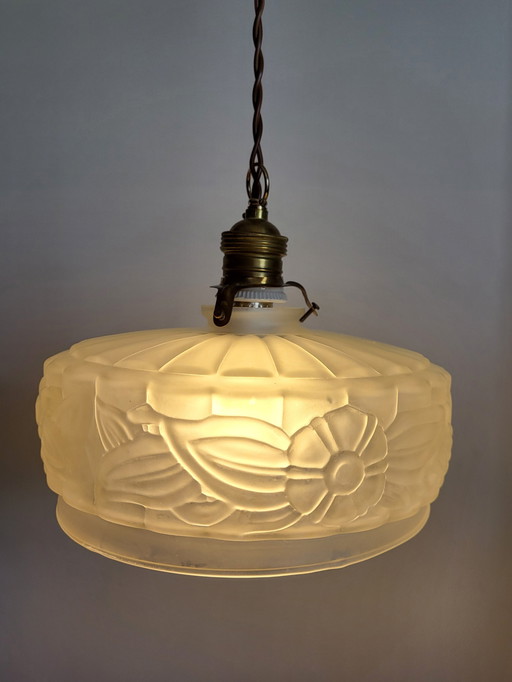 Art nouveau ceiling lamp in forsted pressed glass with floral decor, France