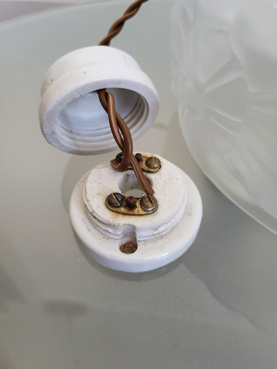 Image 1 of Art nouveau ceiling lamp in forsted pressed glass with floral decor, France