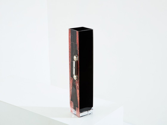 Image 1 of Anatole Riecke French Art Deco Tall Black Opaline Glass Red Vase 1938