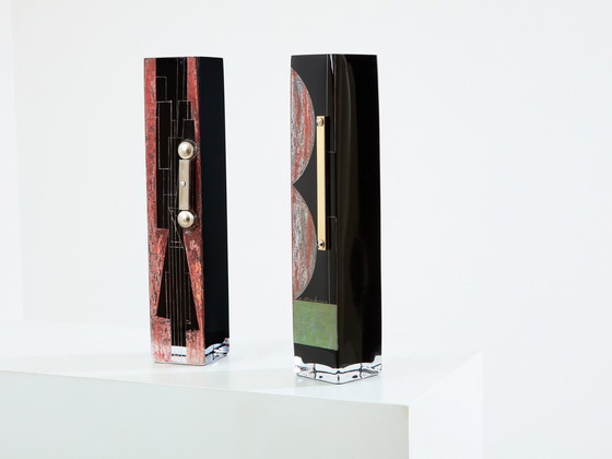 Image 1 of Anatole Riecke French Art Deco Tall Black Opaline Glass Red Vase 1938
