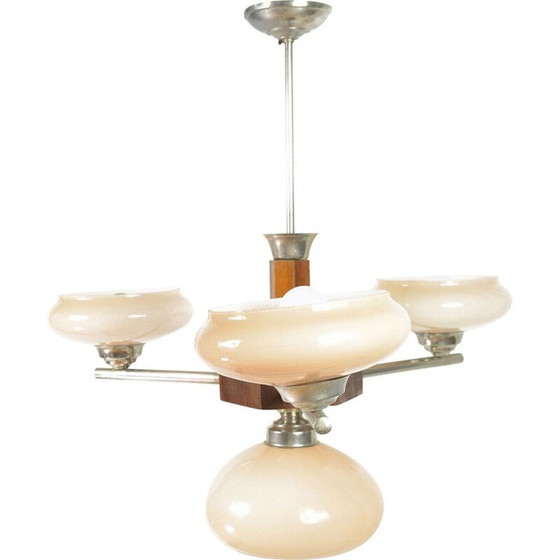 Image 1 of Vintage art deco glass chandelier from Spółdzielnia Pracy Metal Kraków, Poland 1950s