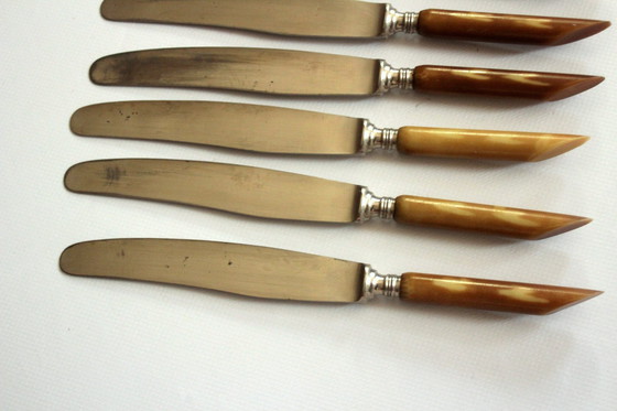 Image 1 of 1920S - 6 antique butter knives/fruit knives with brown marbled handle - fine steel from Solingen