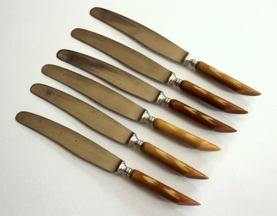 Image 1 of 1920S - 6 antique butter knives/fruit knives with brown marbled handle - fine steel from Solingen