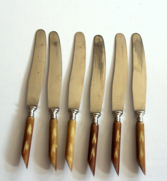 Image 1 of 1920S - 6 antique butter knives/fruit knives with brown marbled handle - fine steel from Solingen