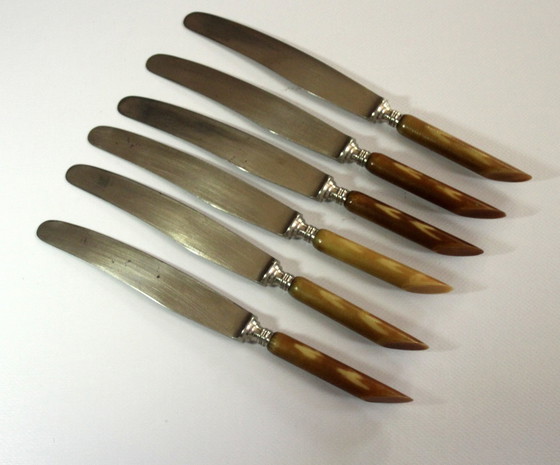 Image 1 of 1920S - 6 antique butter knives/fruit knives with brown marbled handle - fine steel from Solingen