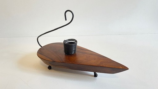 Brutalist Candleholder Olive Wood And Vintage Steel