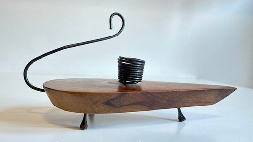 Brutalist Candleholder Olive Wood And Vintage Steel