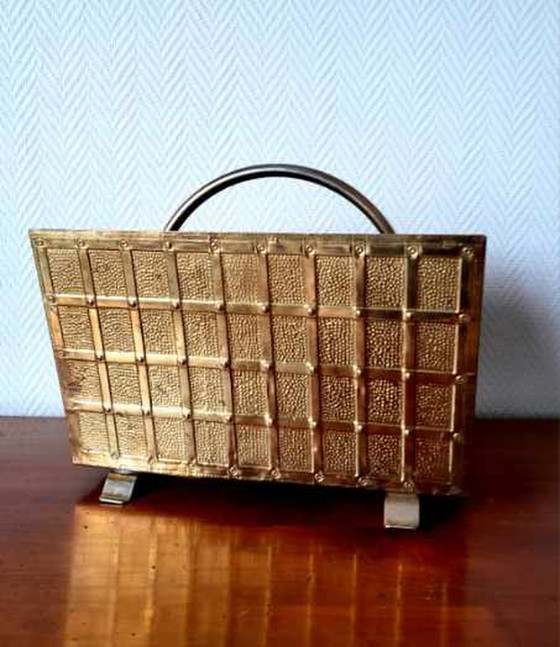 Image 1 of English repoussé brass magazine rack 1960