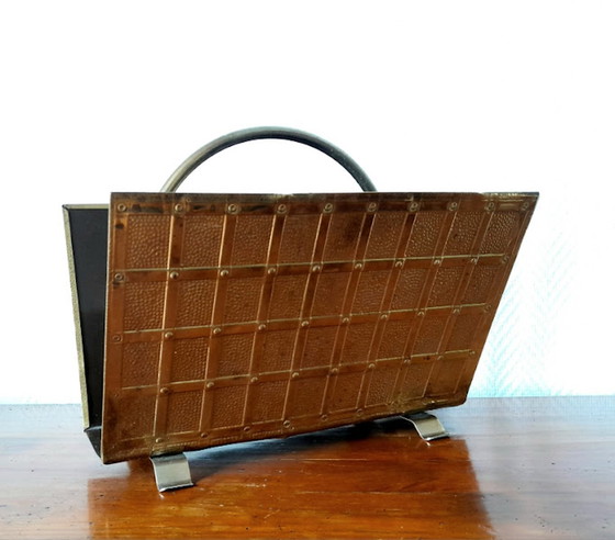 Image 1 of English repoussé brass magazine rack 1960